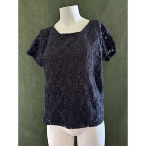 womens L Y2K goth velvet black floral lace blouse Victorian short sleeve
